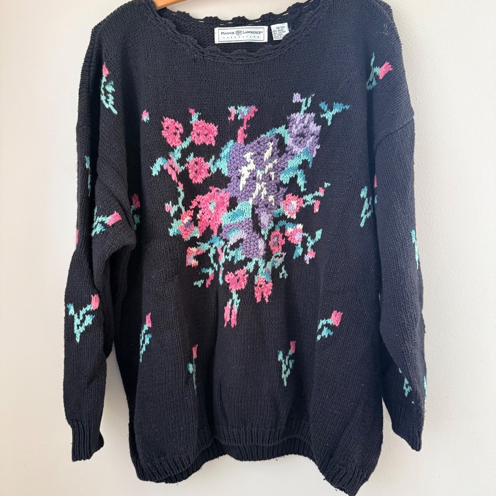 VTG‎ Maggie Lawrence Floral Knit Sweater Women 18/20 Cottagecore Romantic Retro